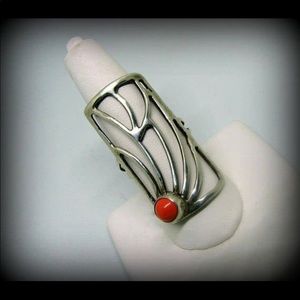 Vintage UWE BAUER sterling silver abstract glass coral cabochon ring